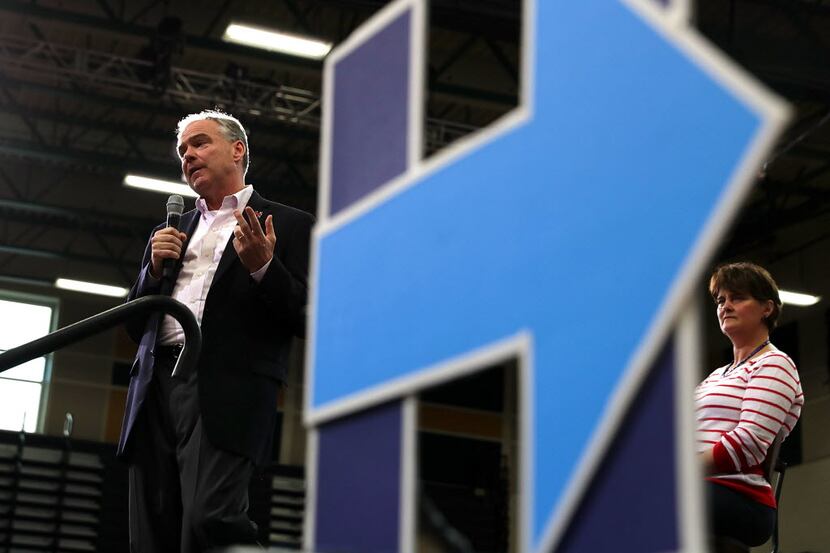 Sen. Tim Kaine, with his wife, Anne Holton, addressed supporters in Richmond, Va., on...