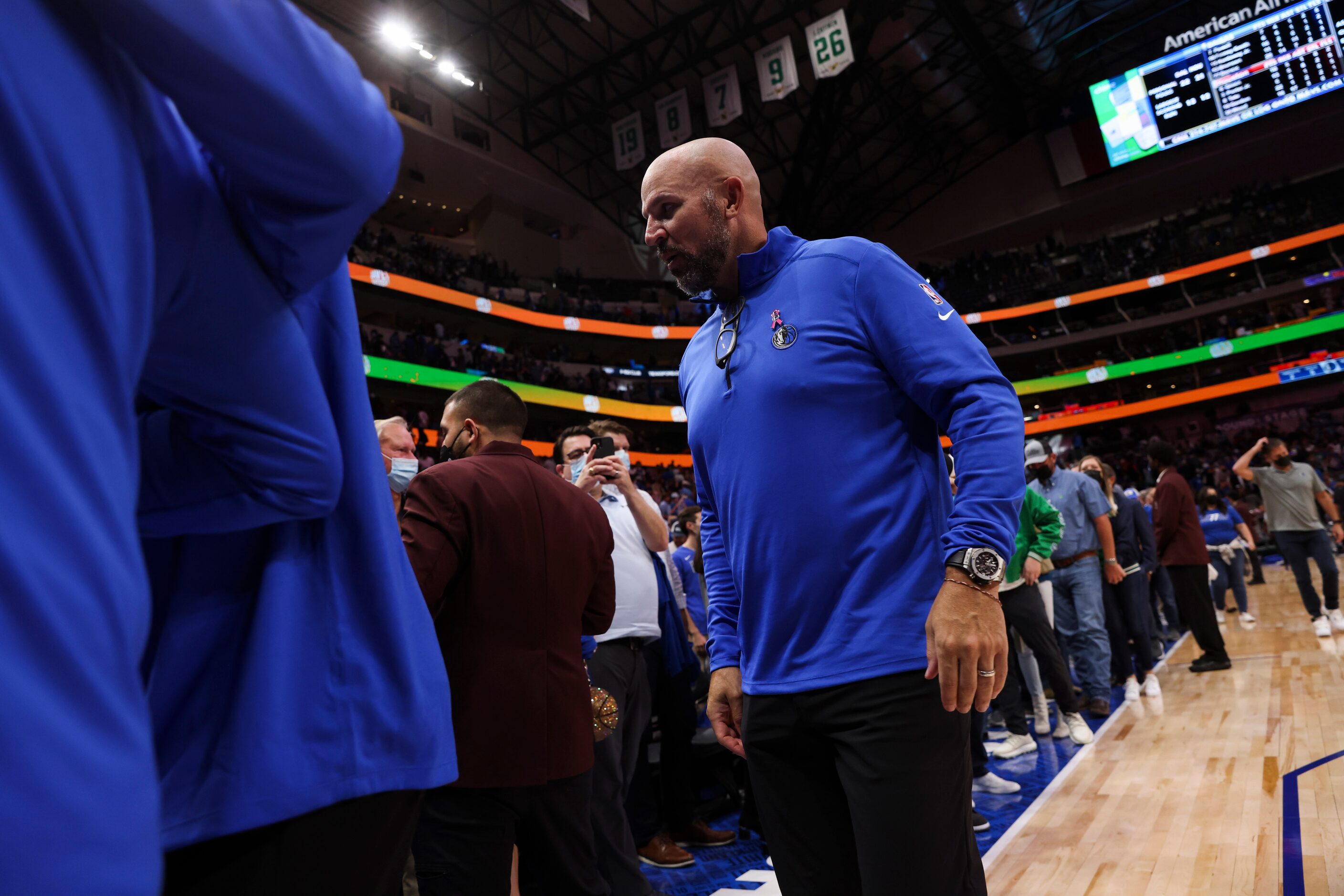 Dallas Mavericks head coach Jason Kidd walks out following the Dallas Mavericks home opener...