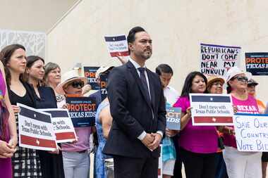 U.S. Rep. Joaquin Castro, D-San Antonio, waits to speak during a Democratic news conference...