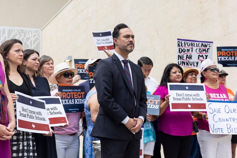 U.S. Rep. Joaquin Castro, D-San Antonio, waits to speak during the Texas  Democrats' news...