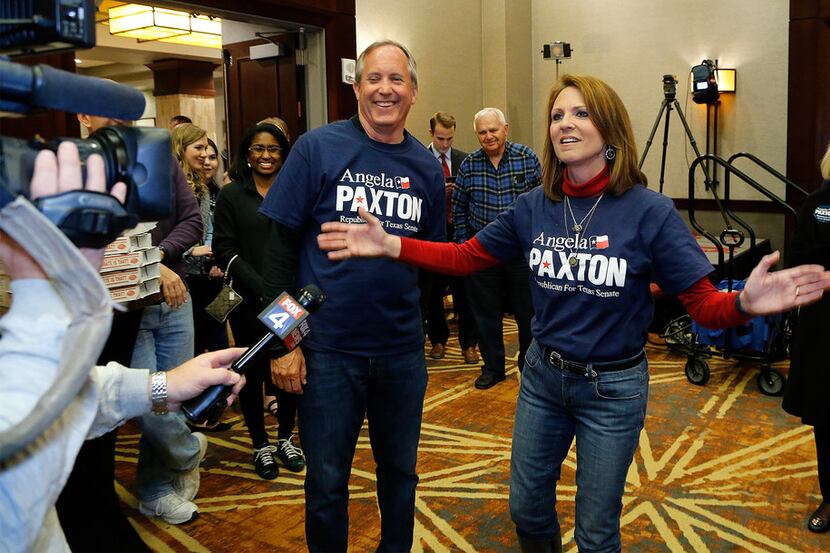 Ken and Angela Paxton made their appearance at her election return party at the Marriott...