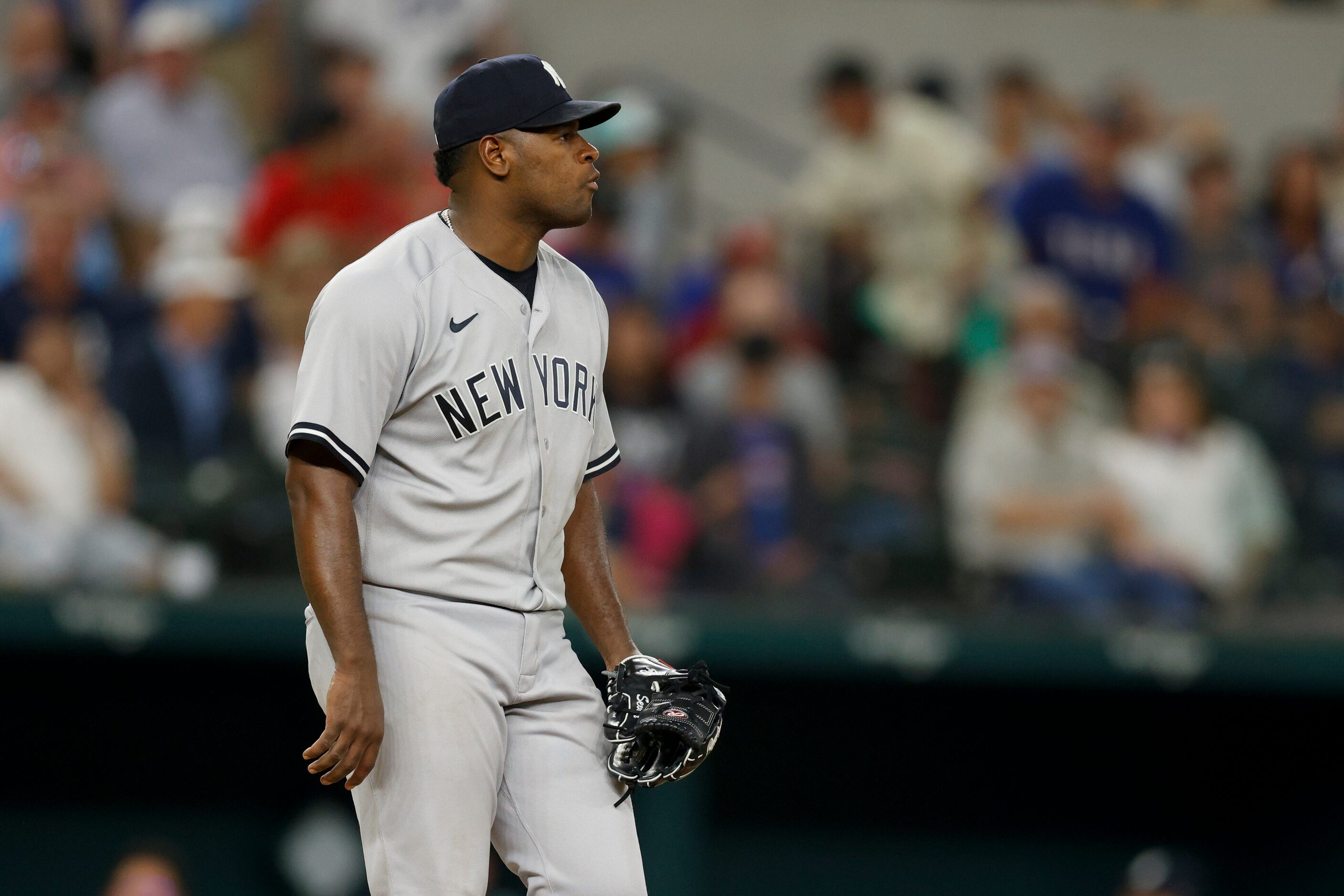 New York Yankees starting pitcher Luis Severino (40) reacts after an out during the sixth...