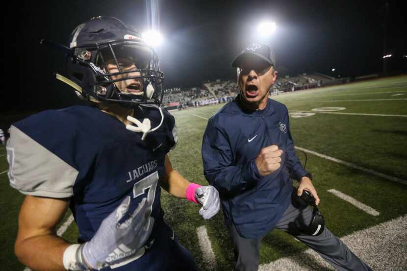 Flower Mound receiver Reid Touchstone (7) breaks off the field after a play during the...