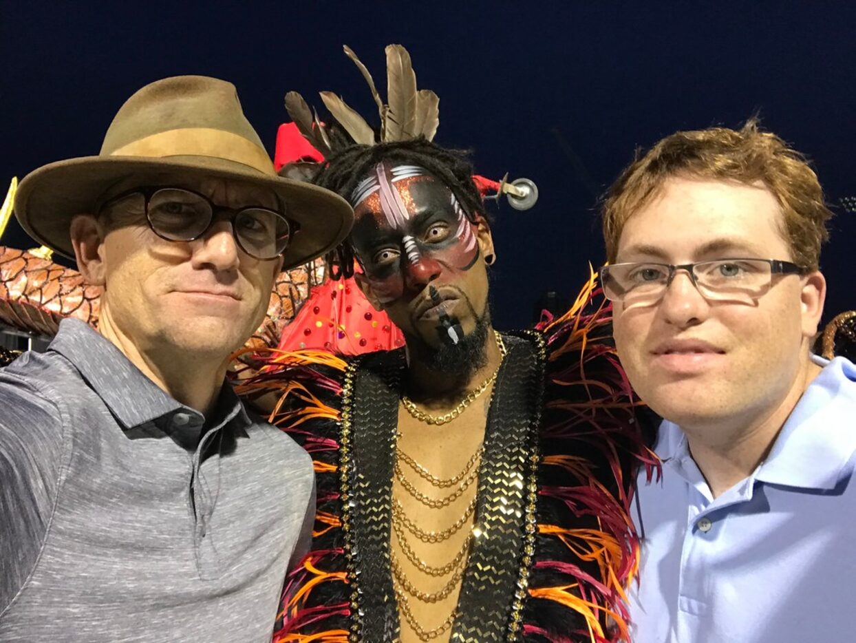 Timed selfie of Tom Landis and Kalin O'Brien with a Canadian street dancer who helped the...