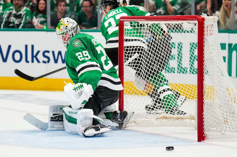 Dallas Stars goaltender Jake Oettinger (29) makes a save during the second period in Game 5...
