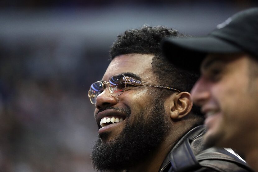 Dallas Cowboy Ezekiel Elliott watches the Los Angeles Lakers versus the Dallas Mavericks at...