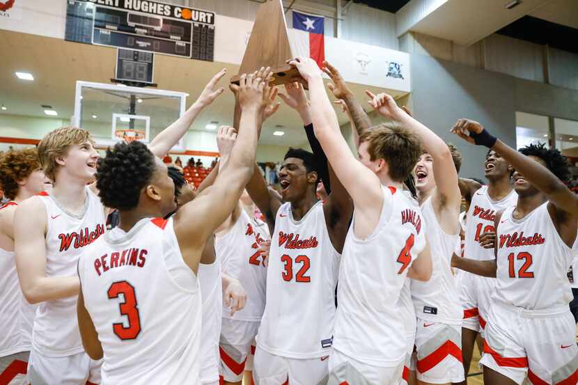 Lake Highlands High School celebrates a win over Byron Nelson High School for the Class 6A...