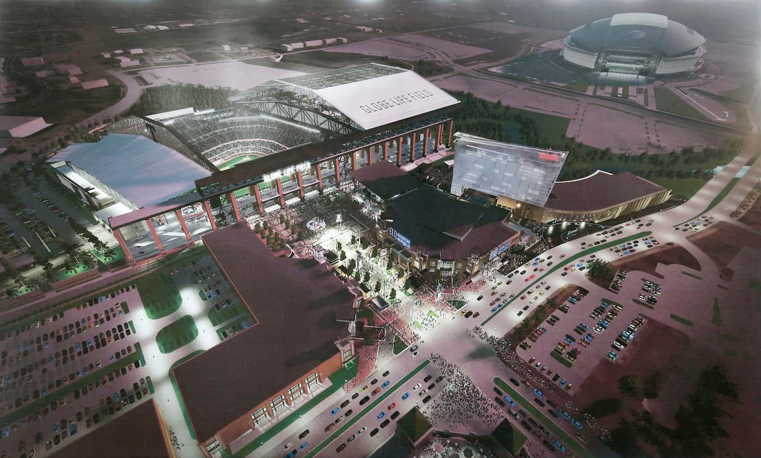 A rendering showing an aerial view of the new Globe Life Field with retractable roof and the...