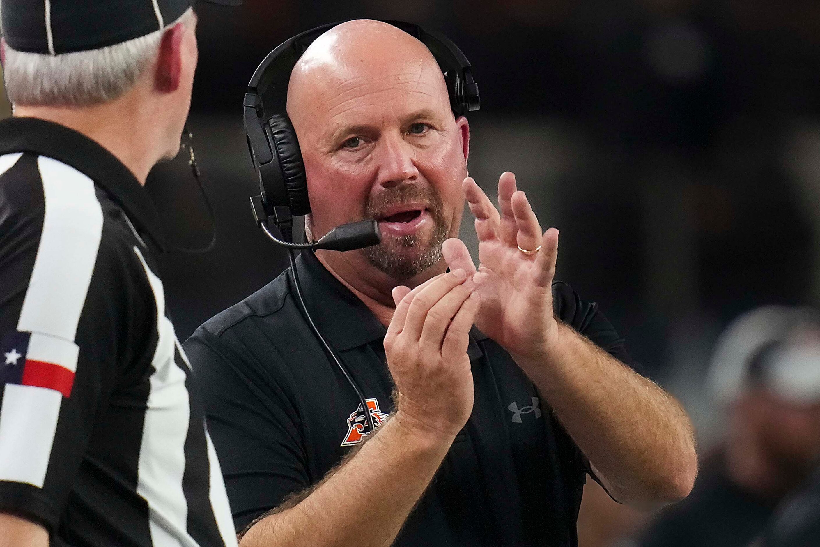 Aledo head coach Robby Jones calls a timeout during the first half of the Class 5A Division...