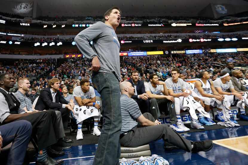 Dallas Mavericks owner Mark Cuban yells at a referee during the fourth quarter against...