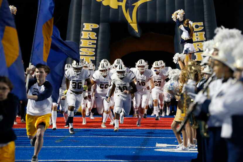 Prestonwood Christian enters the field before the first half of a game against Parish...