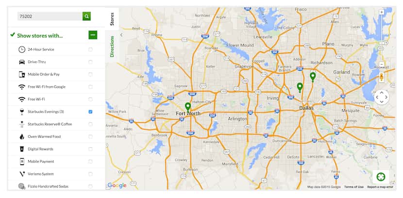 The Starbucks store locator shows three stores in the D-FW area serving new food and...