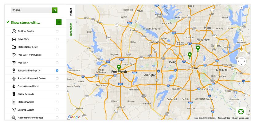 The Starbucks store locator shows three stores in the D-FW area serving new food and...