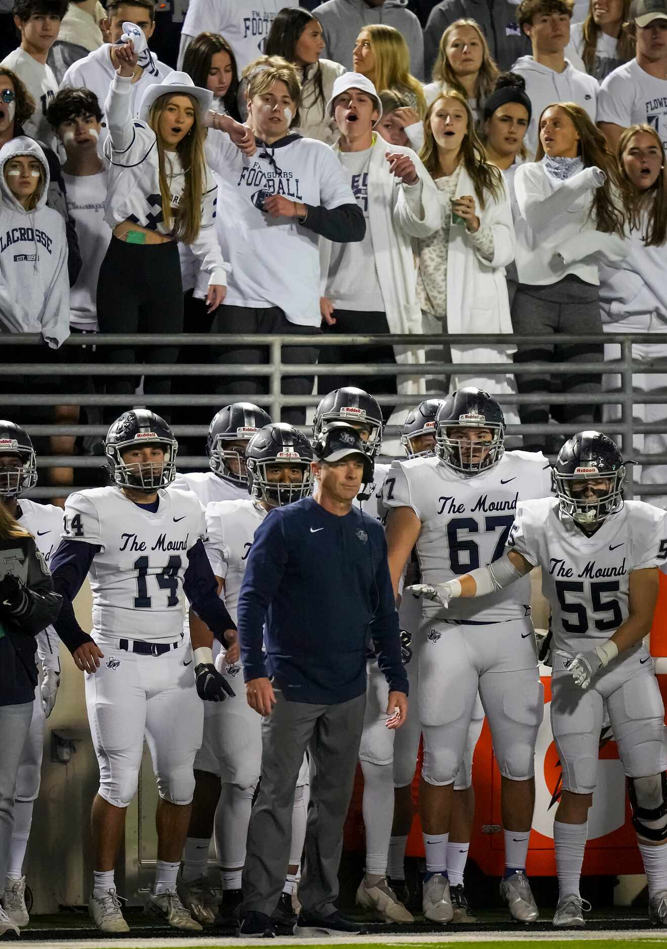Flower Mound head coach Brian Basil watches from the sidelines during the second half of a...