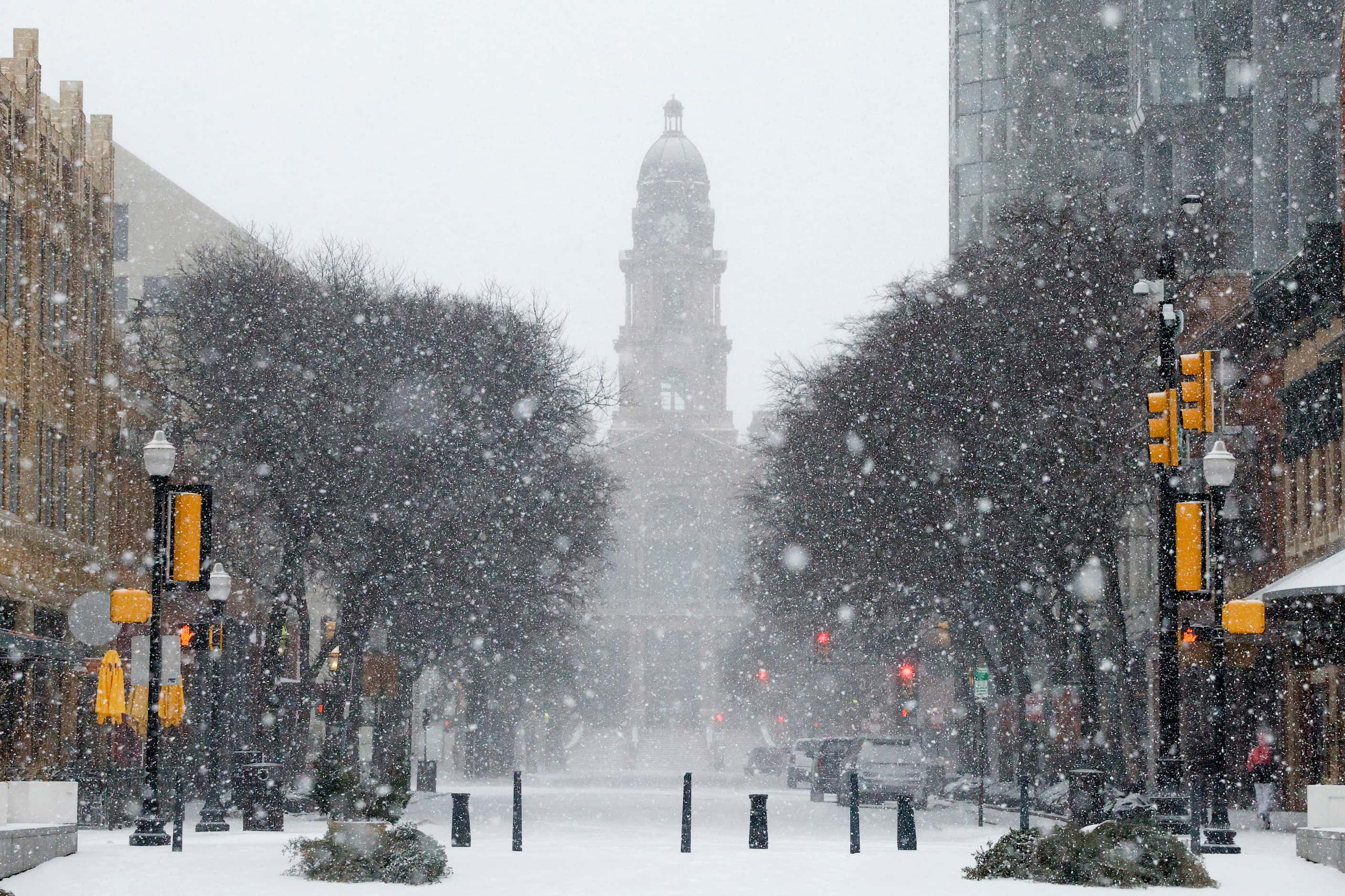The Tarrant County Courthouse as seen from a snowy Sundance Square in downtown Fort Worth on...