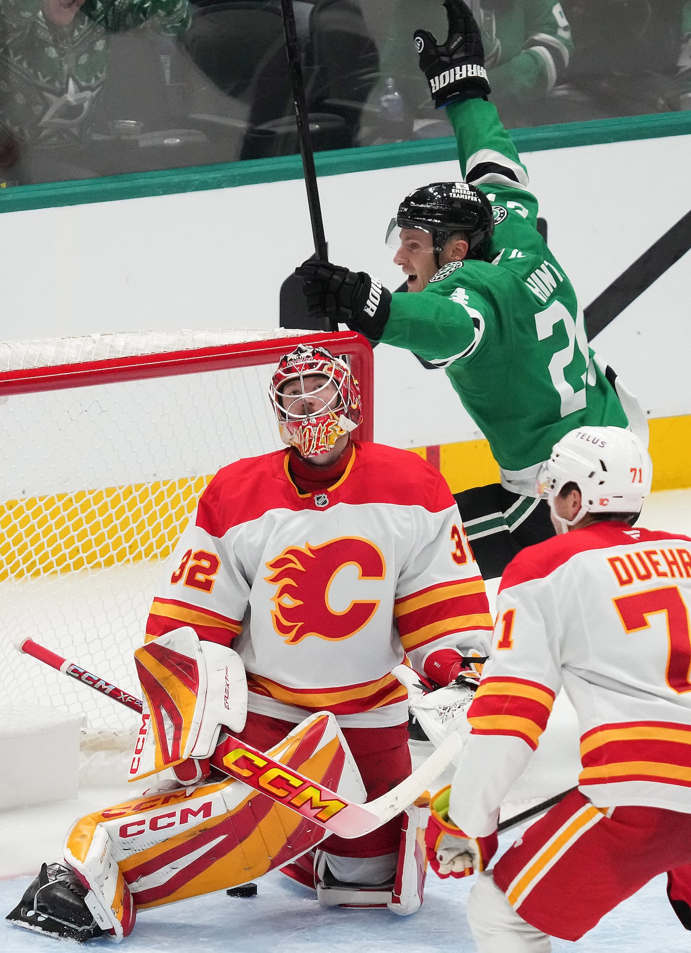 Dallas Stars center Roope Hintz (24) celebrates after beating Calgary Flames goaltender...