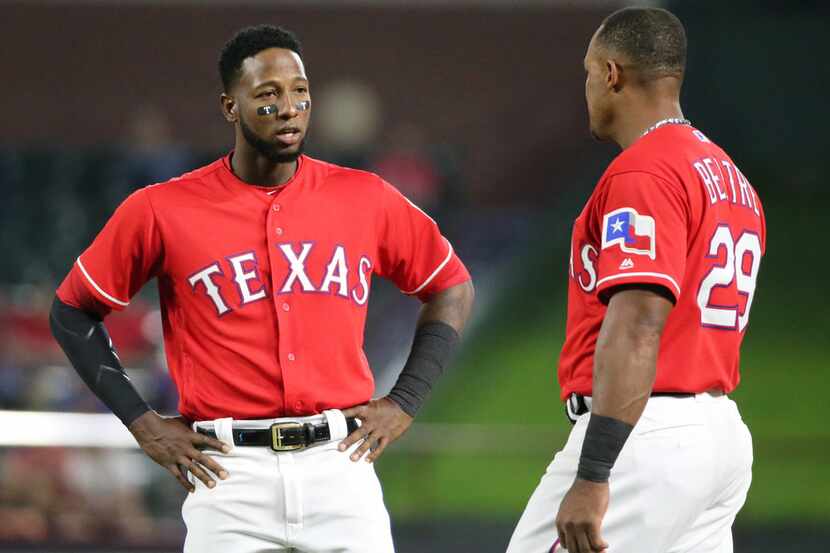 Texas Rangers Jurickson Profar (19) and Adrian Beltre (29) are pictured during the Los...
