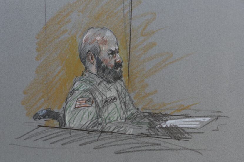 This court room sketch shows Maj. Nidal Malik Hasan during his court-martial Tuesday.