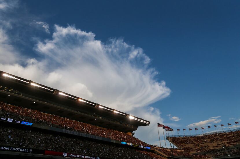 Clouds build over Kyle Field prior to a college football game between Texas A&M and Texas...