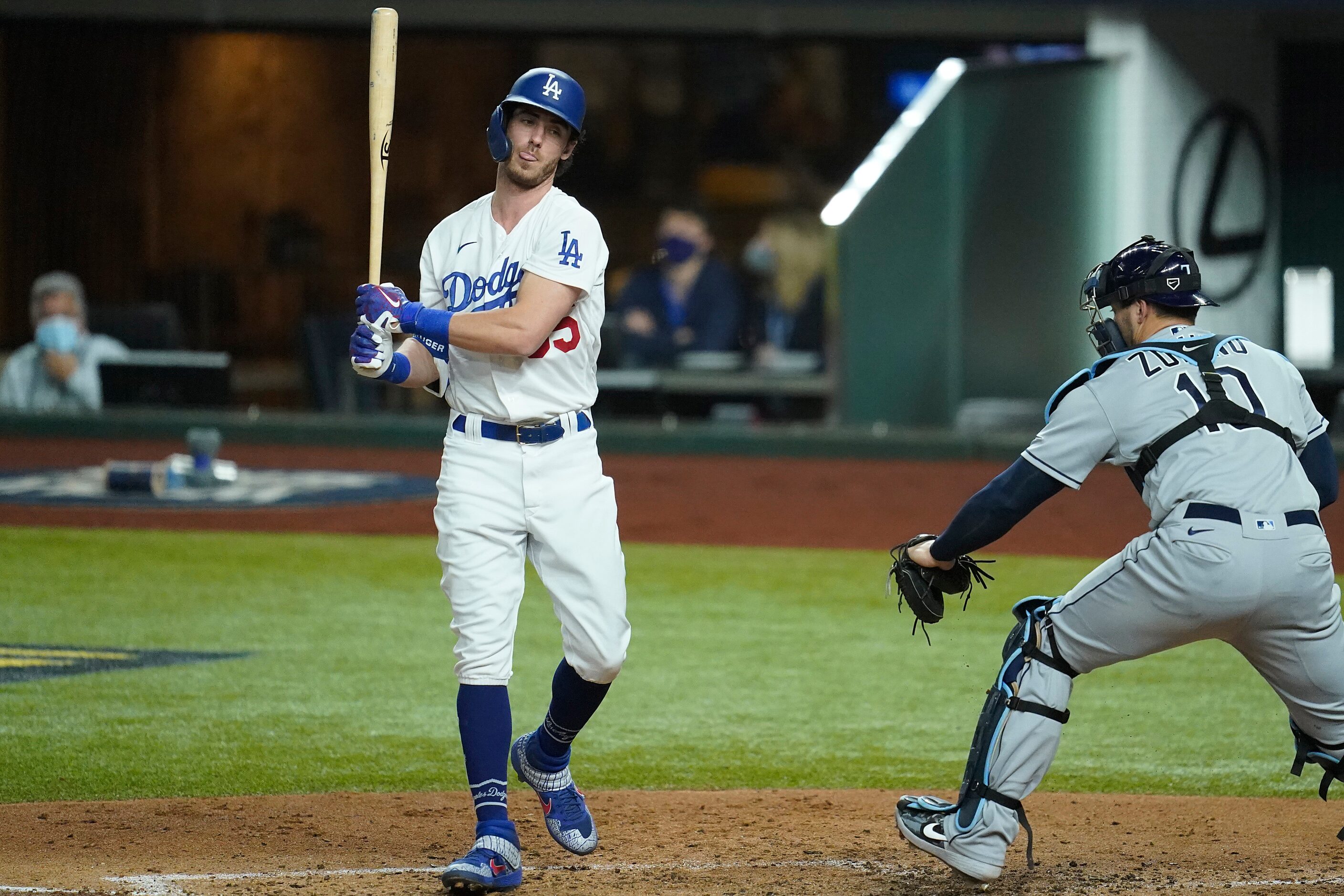 Los Angeles Dodgers center fielder Cody Bellinger reacts after striking out against Tampa...