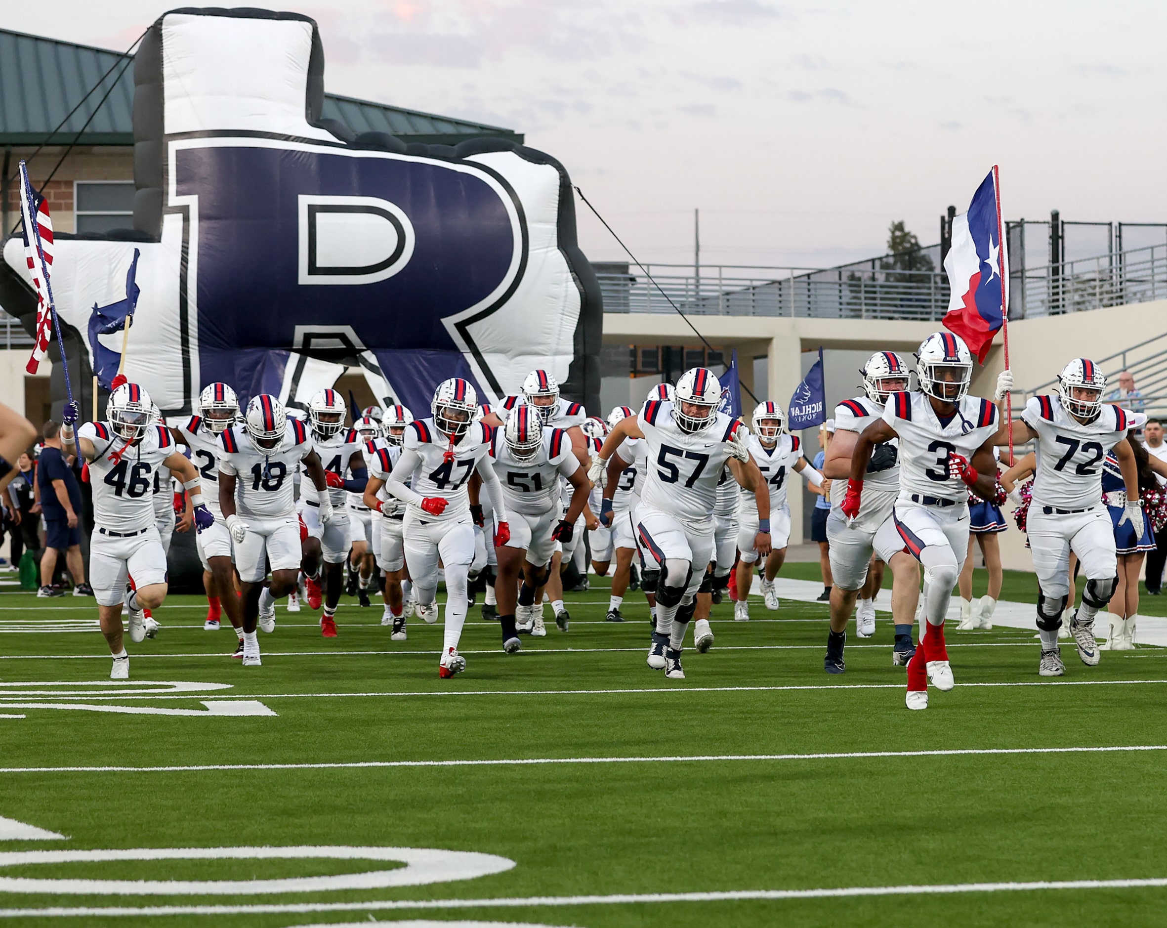 The Richland Royals enter the field to face Denton Ryan in a District 3-5A Division I high...