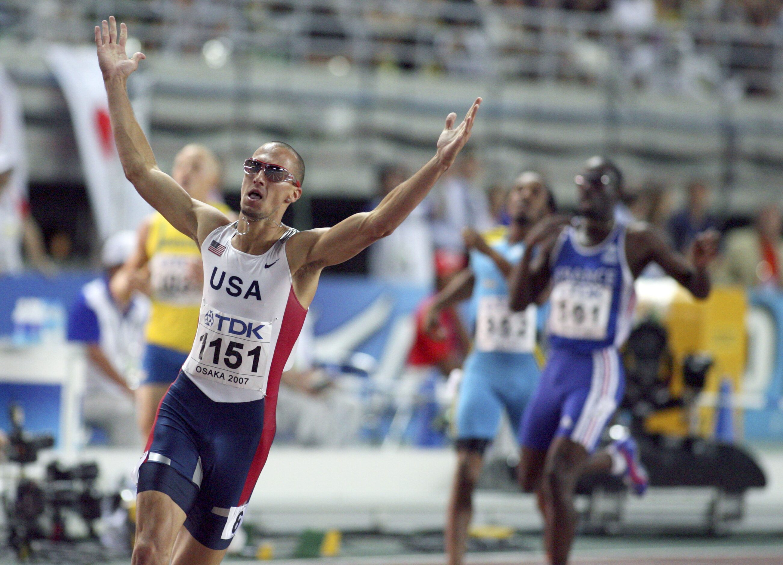 From 2007: USA's Jeremy Wariner celebrates after the men's 400m final, 31 August 2007, at...