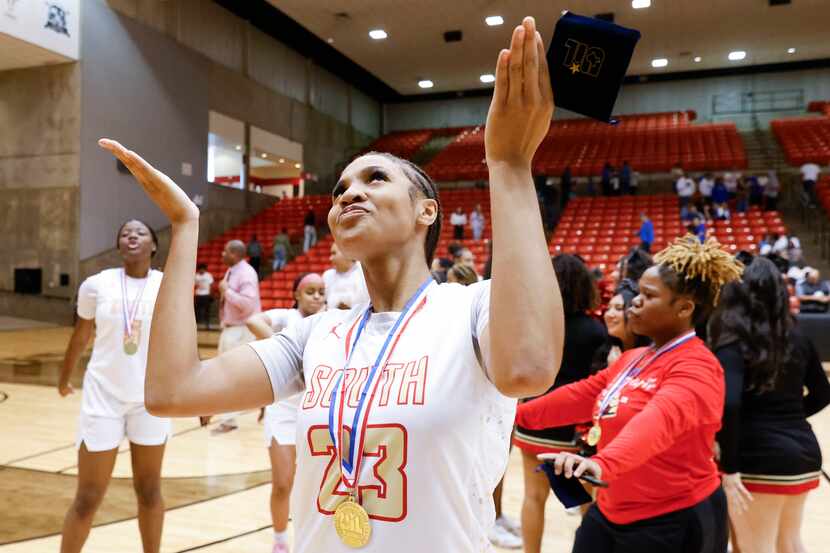 South Grand Prairie high’s Taliyah Parker shows a dance move following her team’s victory...