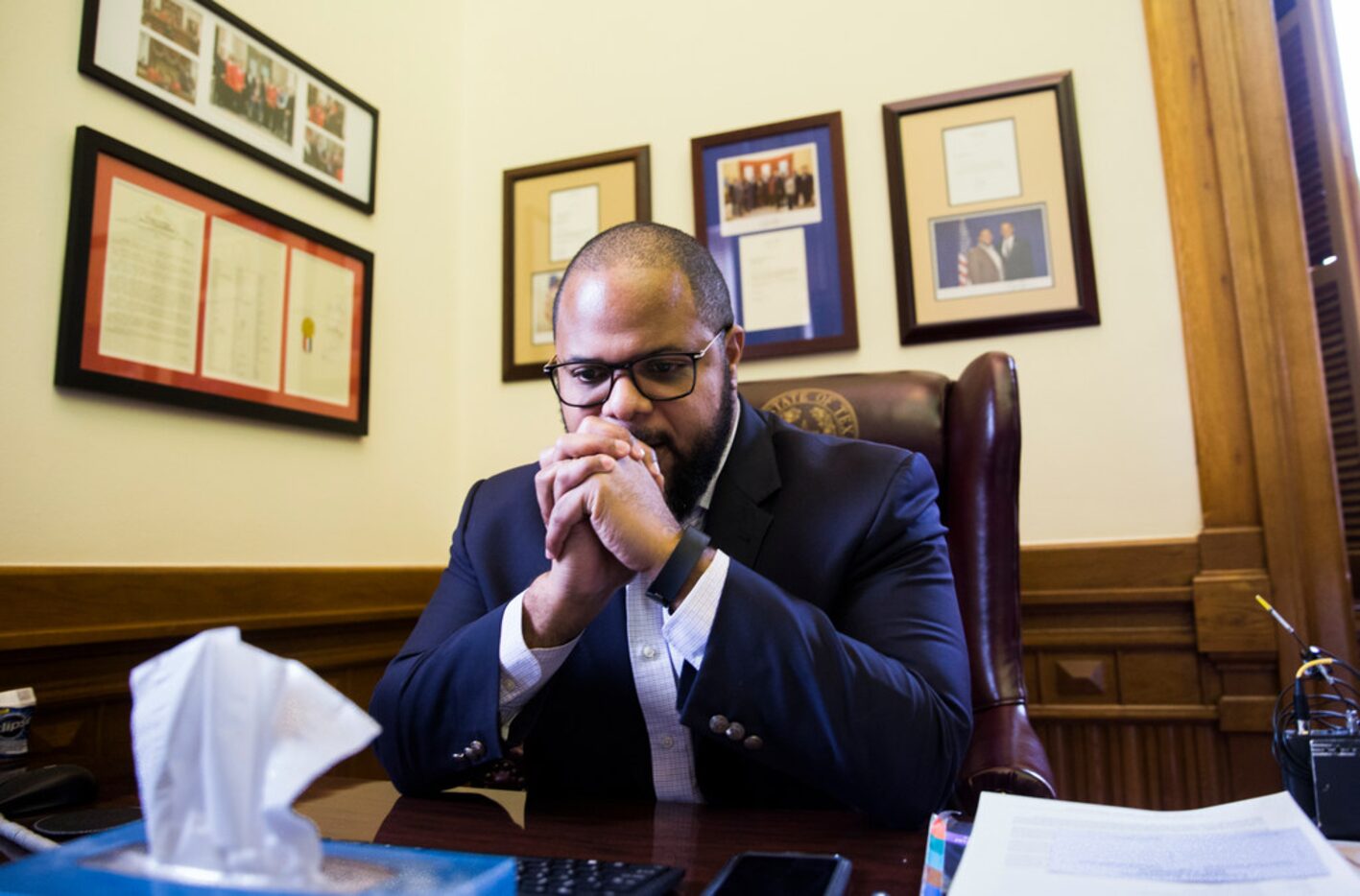 Rep. Eric Johnson, D-Dallas, speaks to members of the media after the State Preservation...