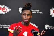 Kansas City Chiefs wide receiver Xavier Worthy talks to the media on the first day of the...
