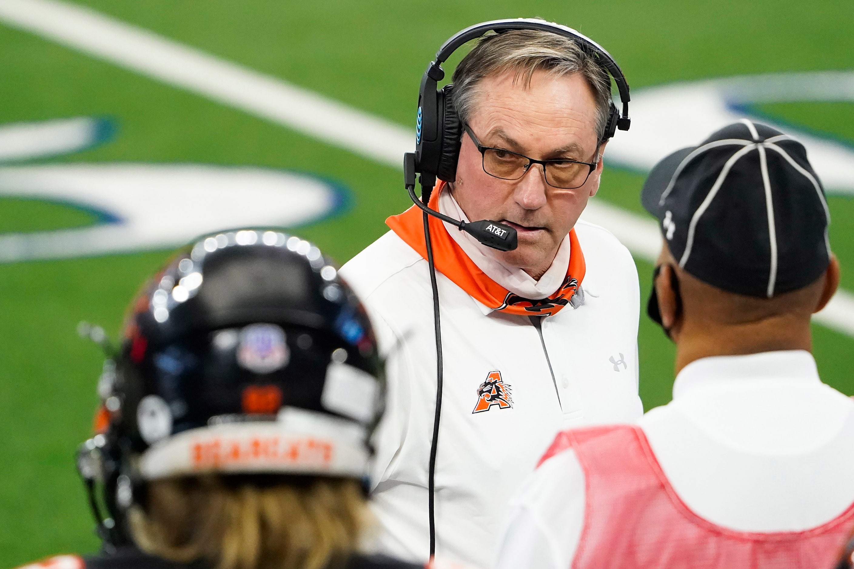 Aledo head coach Tim Buchanan works on the sidelines during the first half of the Class 5A...