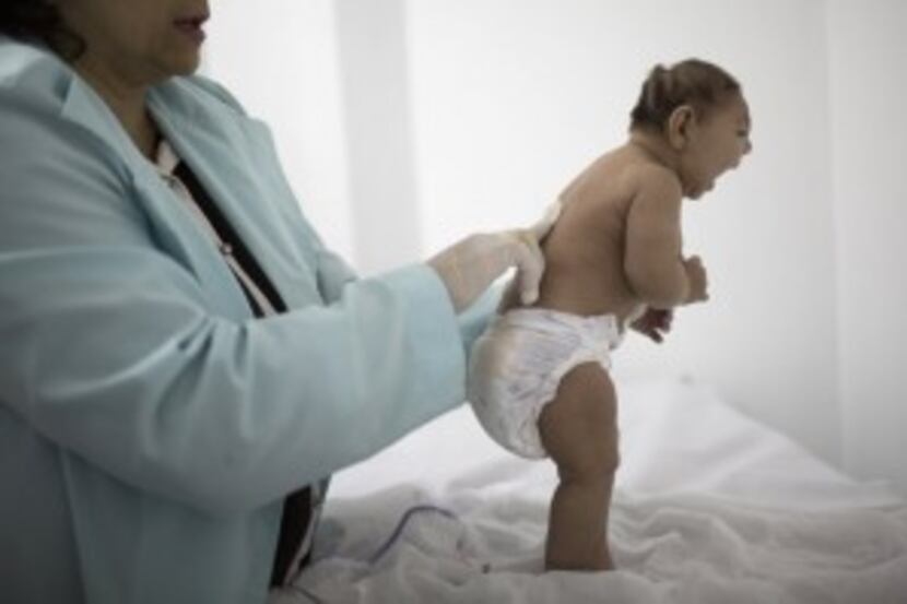  Lara, who is not quite 3 months old and was born with microcephaly, is examined by a...