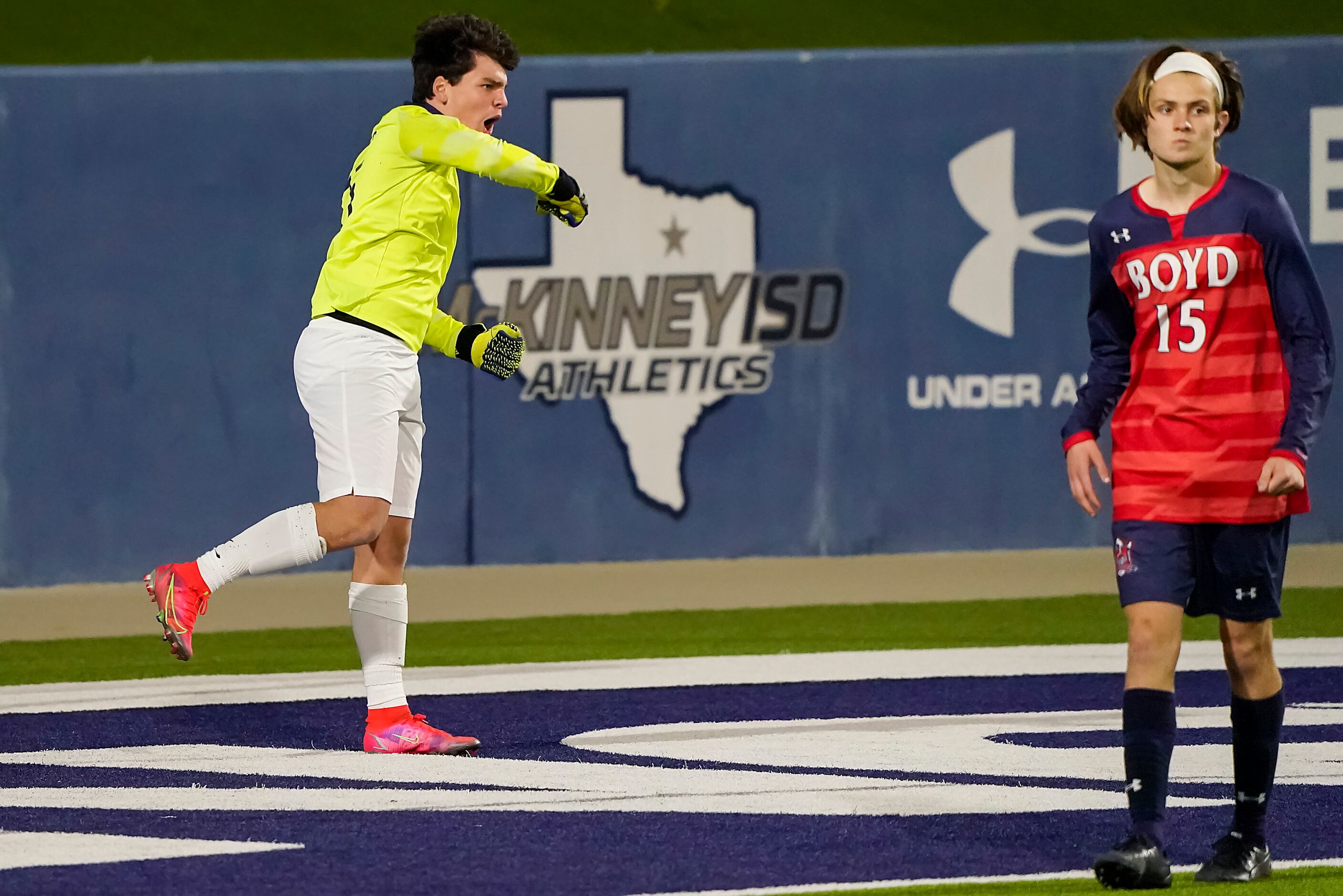 Jesuit goalkeeper Cole Hines celebrates after making a save on a shot by McKinney Boyd...