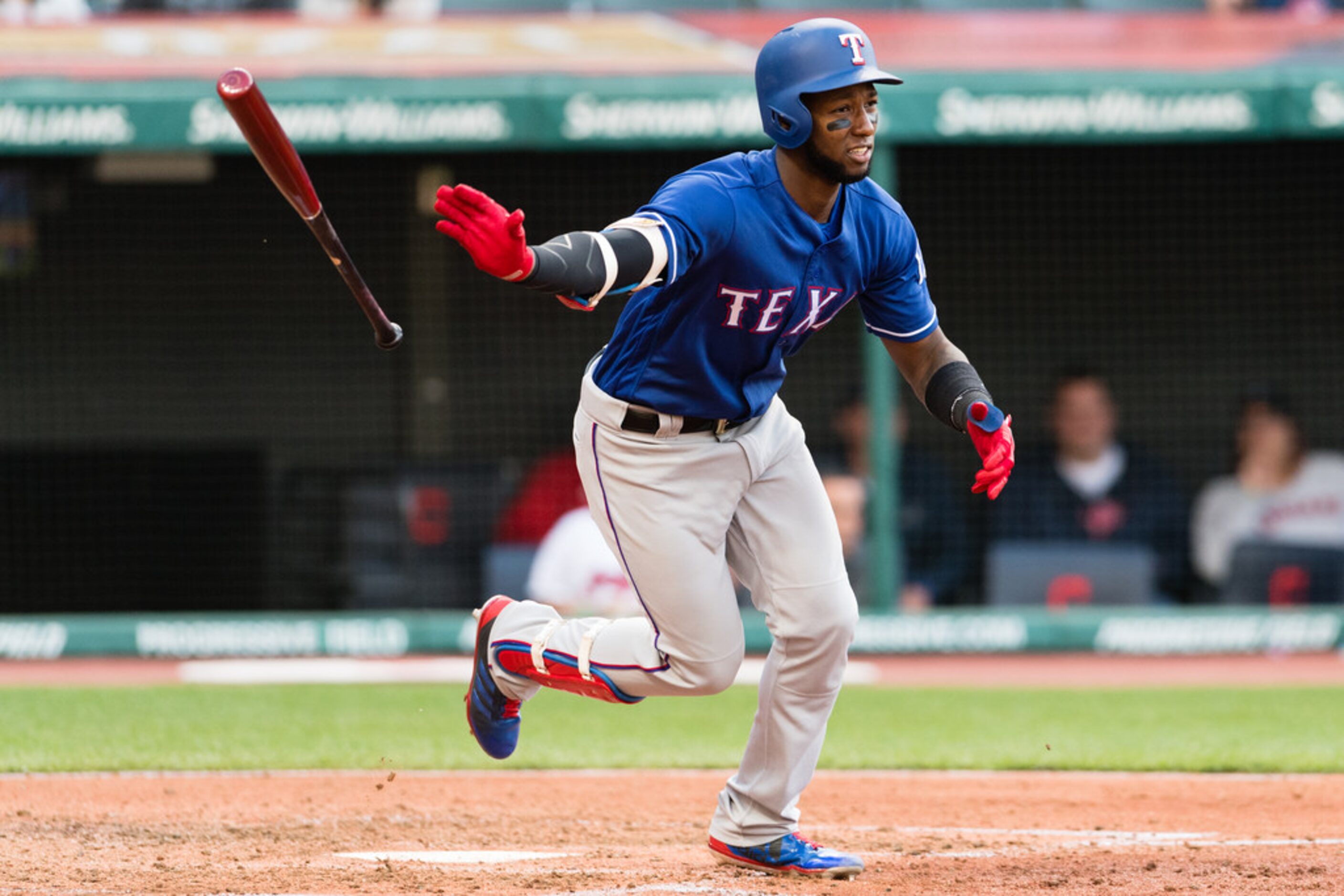 CLEVELAND, OH - APRIL 30: Jurickson Profar #19 of the Texas Rangers hits a single during the...