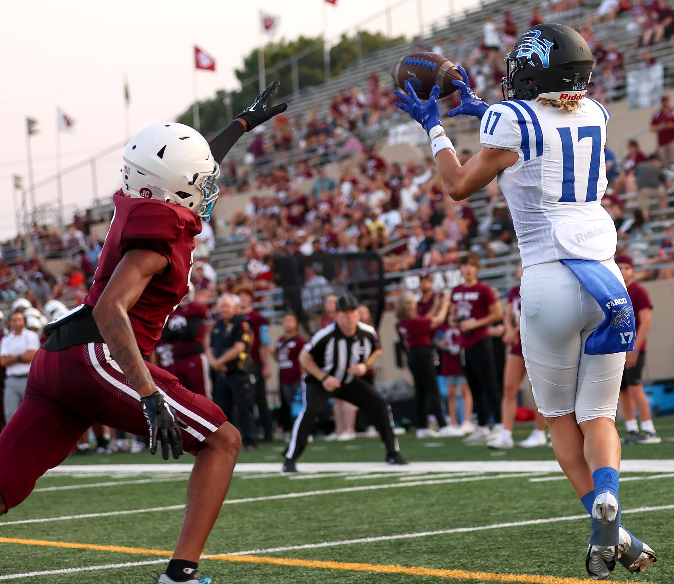 Byron Nelson wide receiver Landon Farco (17) comes up with a touchdown reception against...