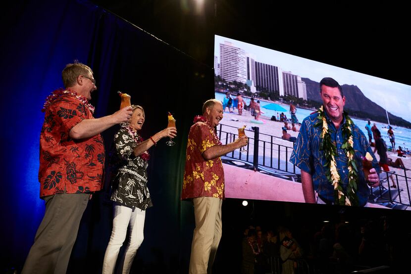 Southwest Airlines CEO Gary Kelly celebrates the announcement of service to Hawaii with...