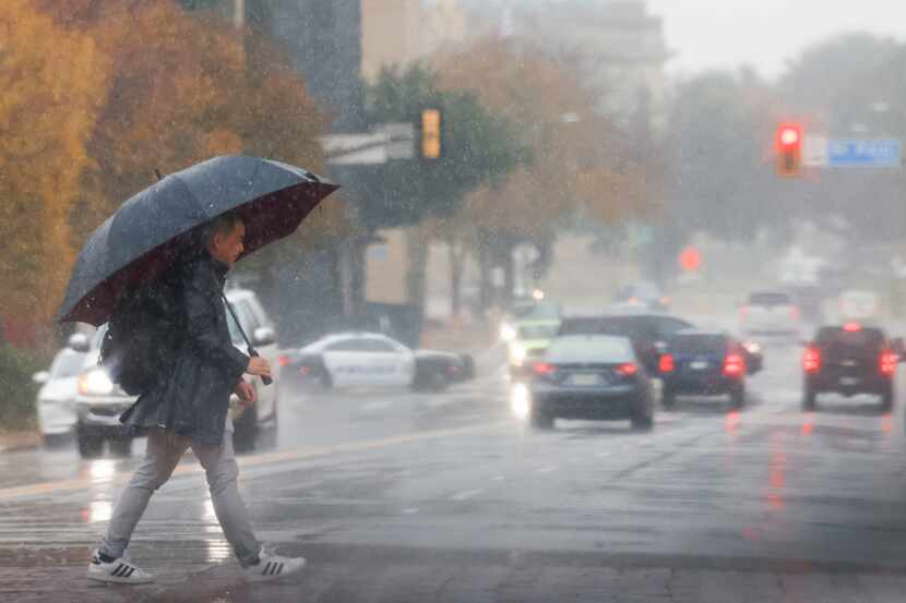 A file photo shows downtown Dallas during Nov. 30, 2023, rain showers.