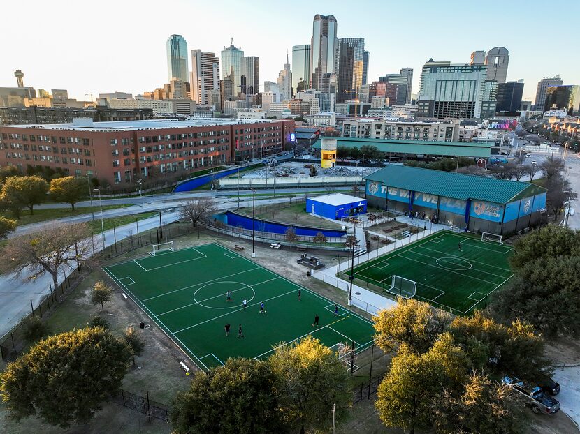 Aerial view of the City Futsal facility at the Dallas Farmers Market. 
