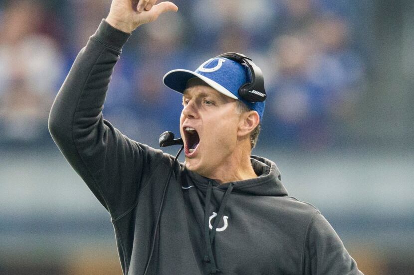 Indianapolis Colts defensive coordinator Matt Eberflus yells from the sideline during the...