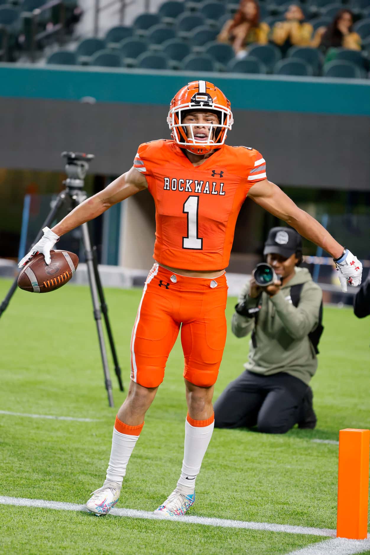 Rockwall receiver Aiden Meeks celebrates a receiving touchdown against DeSoto during the...