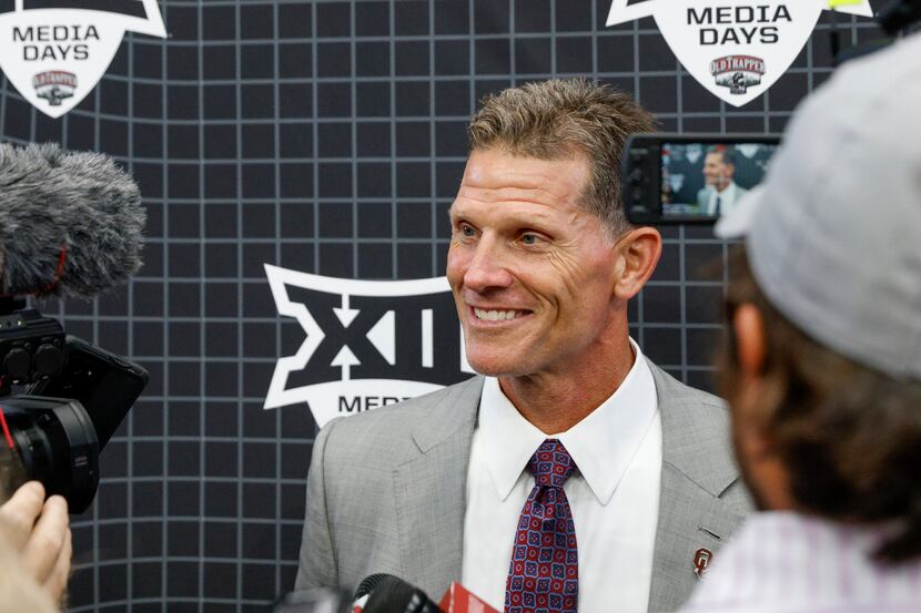 Oklahoma head coach Brent Venables speaks with reporters during the Big 12 Media Days at...