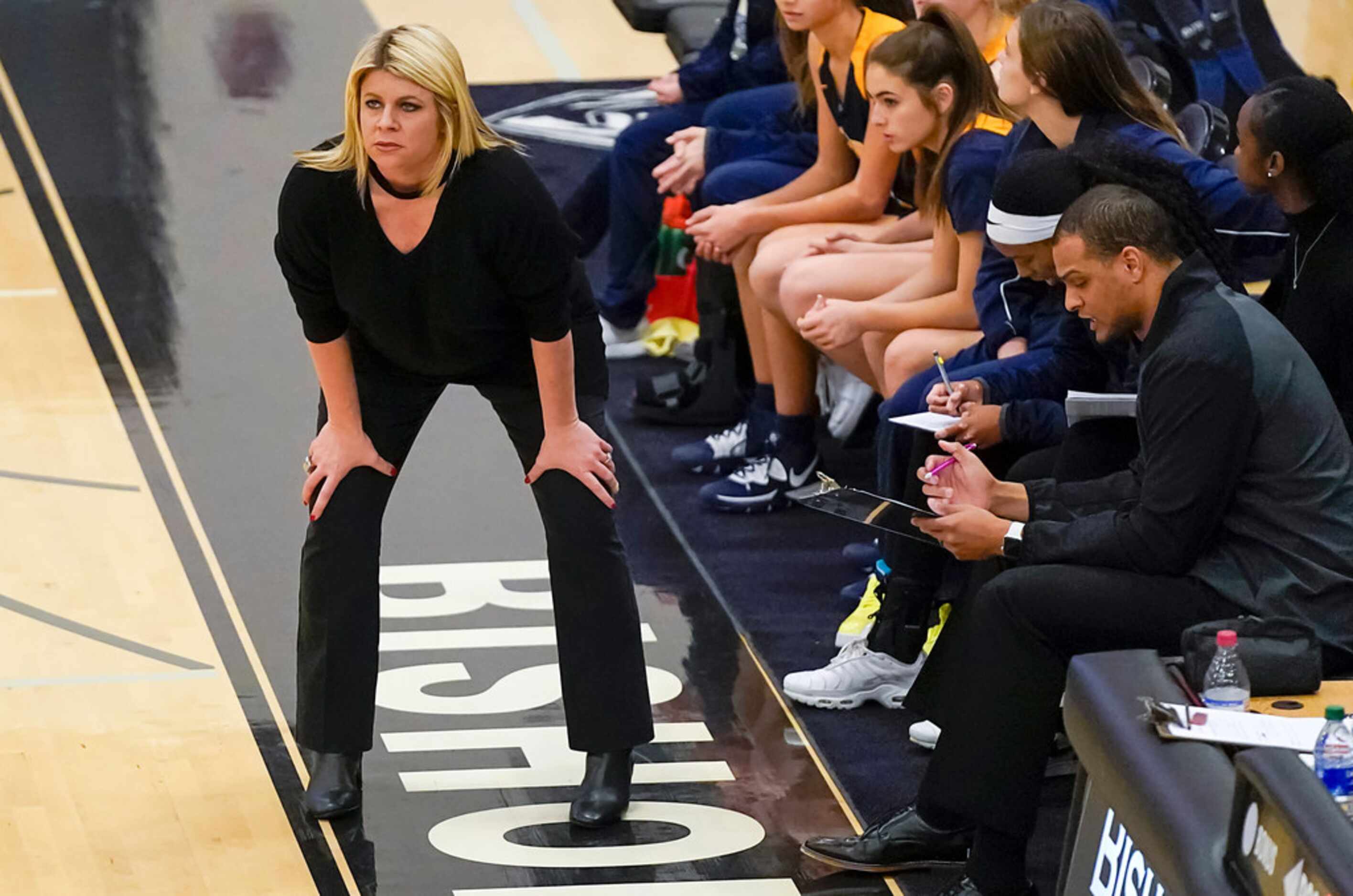 Prestonwood Christian head coach Holly Mulligan watches from the sidelines during a TAPPS...