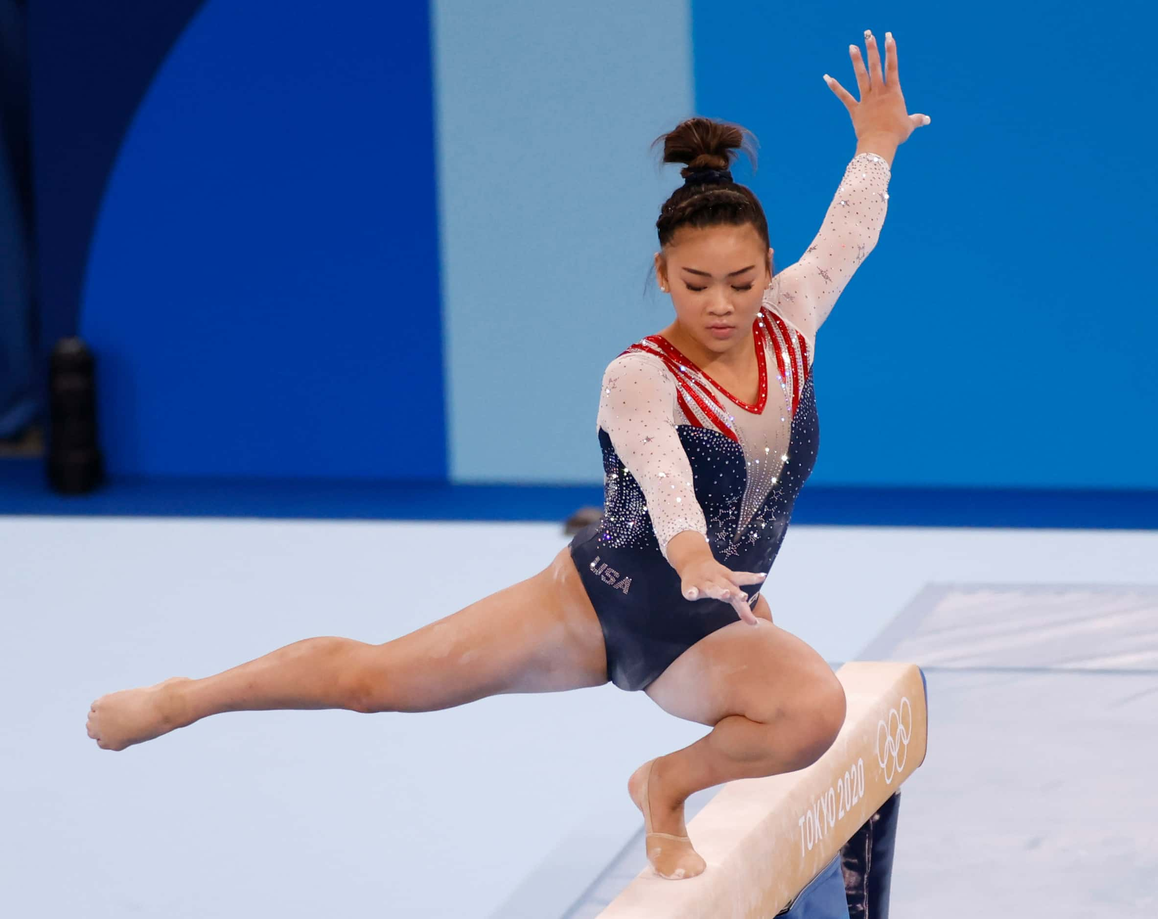 USA’s Sunisa Lee competes on the balance beam during the women’s all-around final at the...