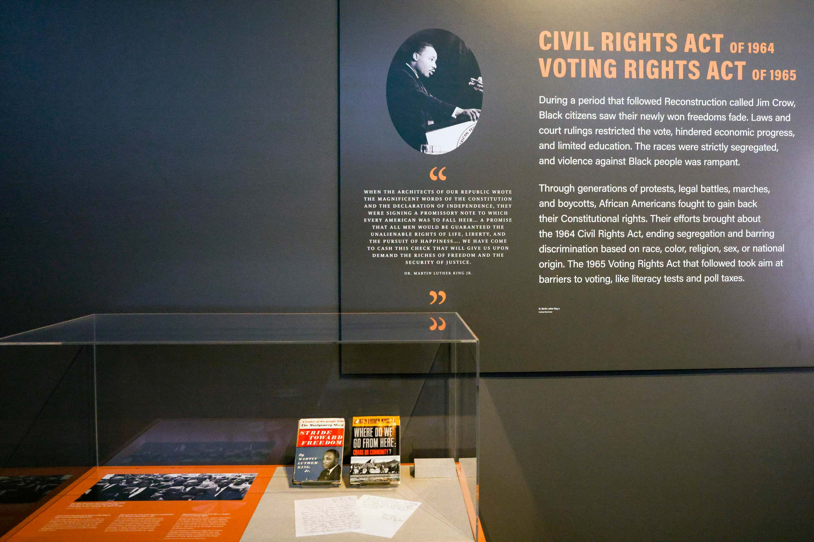 Copies of books written by Martin Luther King Jr. sit on display at the Freedom Matters...