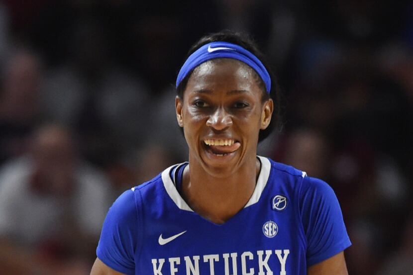 Kentucky forward Evelyn Akhator (13) reacts after scoring against South Carolina in the...