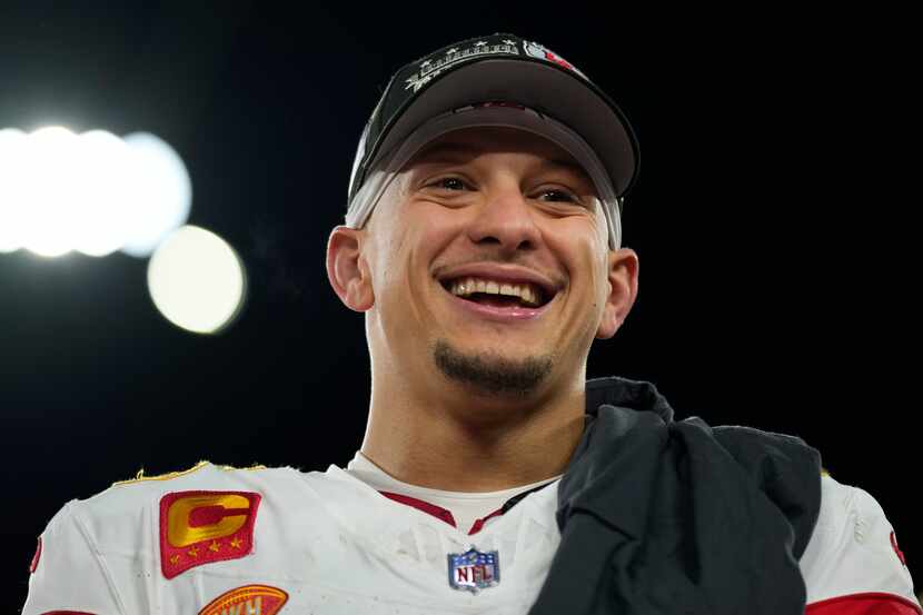 Kansas City Chiefs' Patrick Mahomes reacts after the AFC Championship NFL football game,...
