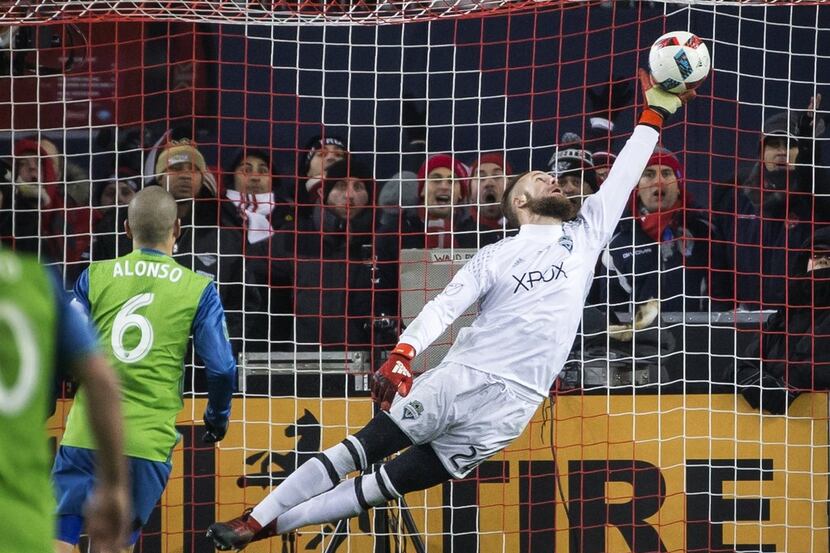 FILE- In this Dec. 10, 2016, file photo, Seattle Sounders goalkeeper Stefan Frei makes a...