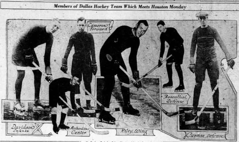 A photo of several of the Dallas Ice Kings, including the captain, Jim Riley. Published in...