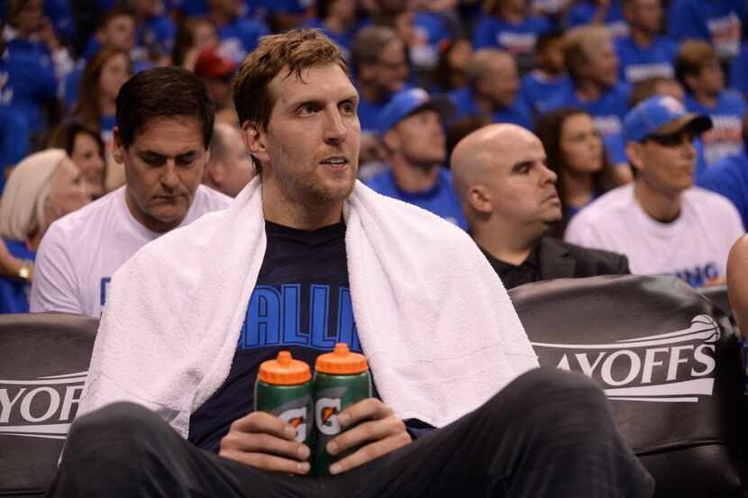 Apr 16, 2016; Oklahoma City, OK, USA; Dallas Mavericks forward Dirk Nowitzki (41) watches...