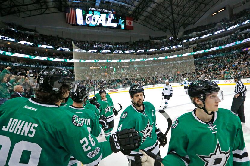 The Stars celebrate a second-period goal during the San Jose Sharks vs. the Dallas Stars NHL...