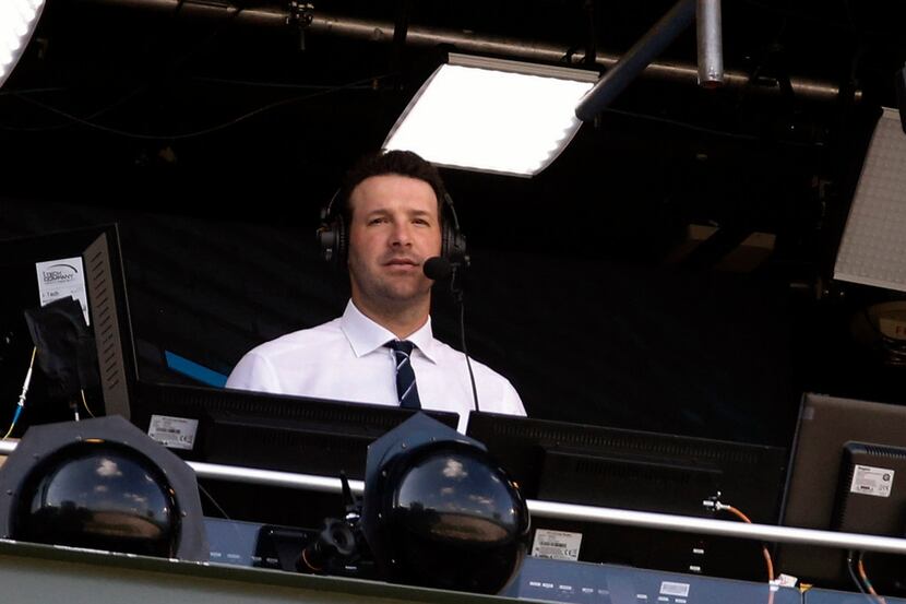FILE - In this Sept. 24, 2017, file photo, Tony Romo in the broadcast booth during the first...